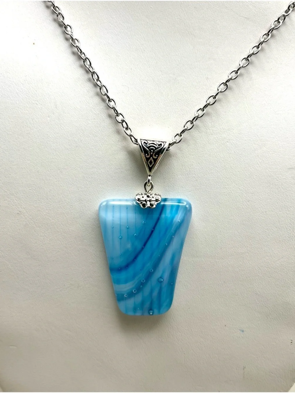 Handmade Fused Glass Pendant Necklace Signed Blue Swirl Silver Tone Chain